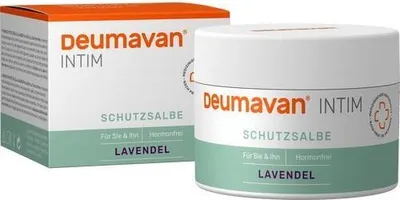 A product shot of a jar and its box packaging for Deumavan Intim Schutzsalbe Lavendel.