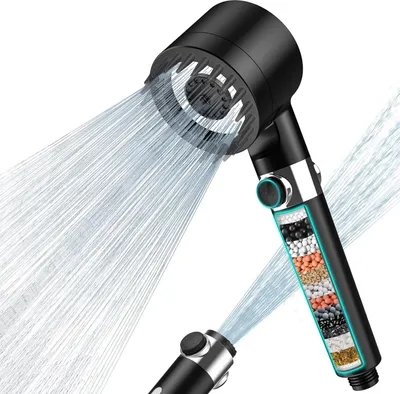 Produktbild von Hochdruck-Duschkopf mit Filter und 3 Strahlarten - schwarz mit 15 Schichten gegen hartes Wasser, Restchlor, Bakterien und Schwermetalle