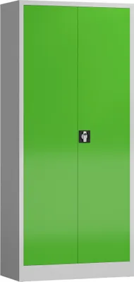 A tall, two-door metal cabinet with a bright green front and a light gray frame, shown against a white background.
