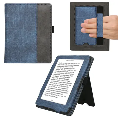 Produktbild von kwmobile Flip Hülle kompatibel mit Kobo Aura Edition 1 - Handschlaufe - Cover Dunkelblau Dunkelgrau