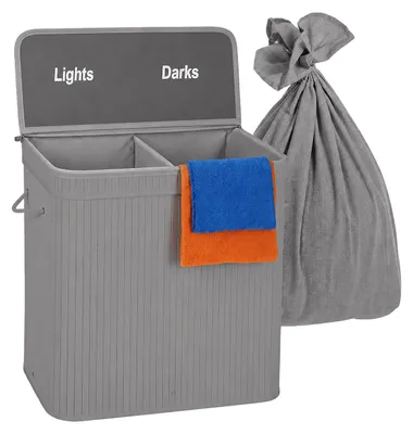 Productafbeelding van Relaxdays wasmand met deksel, 2 compartimenten, bamboe, 100 liter, inklapbaar, hoogte x breedte x diepte: 60 x 52 x 32 cm, wassorteersysteem, grijs