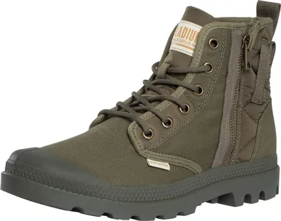 A single olive green Palladium boot is shown against a white background.