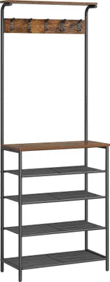 Produktbild von VASAGLE Garderobenständer, Kleiderständer, Garderobe mit 5 Doppelhaken, Schuhregal mit 5 Ebenen, eine Ablage oben, für Wohnungen, Schlafzimmer, Flur, Industrie-Design, vintagebraun-schwarz HSR412B01