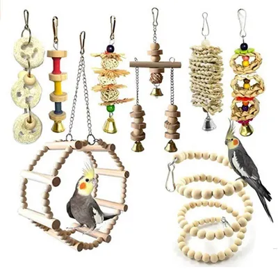 Produktbild von 8 Stück Vogelspielzeug Set Holz Sitzstangen Hängematte für Sittiche Nymphensittiche