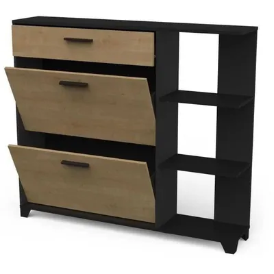 Obrázok produktu pre Skriňa na topánky COBBLER - 12 párov - dub - 2 záklopky + 1 zásuvka + 3 výklenky - 120 x 24,4 x 104,3 cm