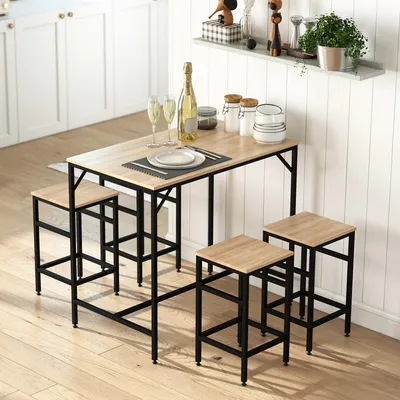 Produktbild von Sweiko Bartisch-Set Stehtisch mit 4 Barhockern 5-teiliges Tischset Stahl Eiche