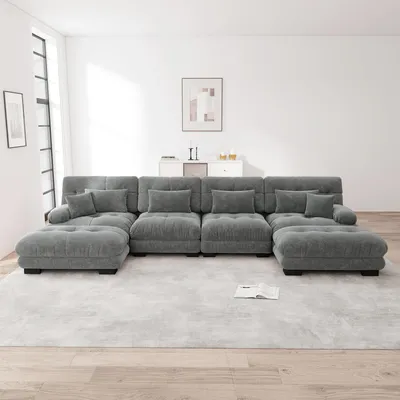 Produktbild von Sweiko Modulares Ecksofa, U-förmiges Couch Set für Wohnzimmer, 4-Sitzer Komfortable Cloud Couches mit beweglichem Ottoman, DIY-Kombination, Chenille, Grau