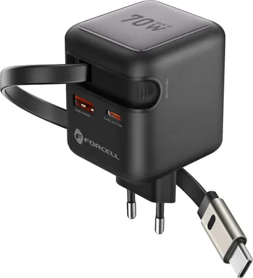 Produktbild von Forcell, 70W GaN III Ladegerät USB-C mit einziehbarem Kabel kompakt, Schwarz