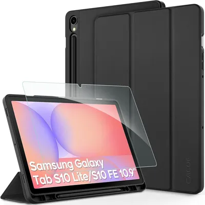 Zdjęcie produktu dla Etui z ochronną folią dla Samsung Galaxy Tab S10 Lite/S10 FE/S9 FE 10.9" oraz S9 11", wykonane z materiału przypominającego skórę PU, w kolorze czarnym, z uchwytem na rysik S Pen i funkcją podparcia