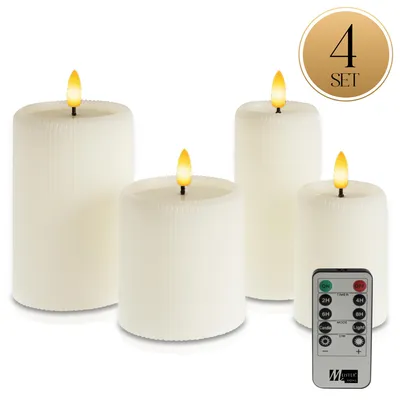 Image de Meisterhome® Lot de 4 bougies LED - Bougies LED - Bougies sans flamme avec télécommande & minuterie - Fonctionne avec des piles - Lumière blanche chaude - Ø 7,5/10 cm, hauteur 10/15 cm - Design cannelé - Flamme vacillante réaliste, Couleur:Ivoire