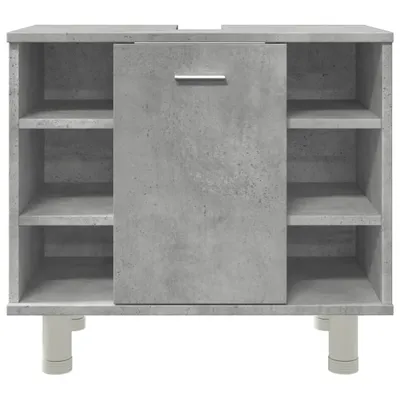 A front view of a concrete-effect bathroom cabinet with open shelves on the sides and a closed cabinet in the middle, resting on white cylindrical legs.