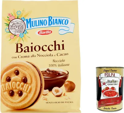 Produktbild von 12x Mulino Bianco Baiocchi Schokolade Biscuits Reigel Kekse Kuchen mit Schokolade 260 g Snack cookies + Italian Gourmet polpa 400g