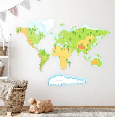 Produktbild von Weltkarte– Wandgestaltung – Wandbilder Kinder – Motivtapeten Set – Wanddekor Kinderzimmer – Selbstklebende Wandsticker – 60x86 cm