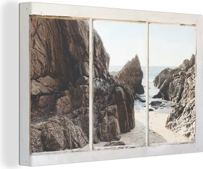 Obrázok produktu pre OneMillionCanvasses® - Obrazy na plátne - 140x90 cm, Pohľad - Pláž - More, - Otvorené okno - Pohľad z okna Spálňa Art Print Nástenná dekorácia - Fotografia na plátne - Obraz na drevenom ráme