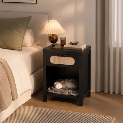 Produktbild von Rattan Nachttisch mit Schublade und Ablage, Boho, Schwarz