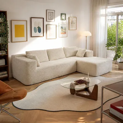 Produktbild von Ecksofa mit breiter Liegefläche, Kompressionsschaum-Sofa mit 5 Kissen, Beige, Stoff + Schaumstoff, 270 × 175 × 62 cm
