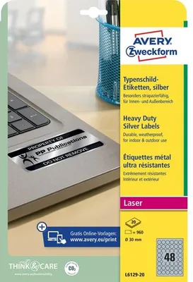 Zdjęcie produktu dla Avery L6129-20 etykieta samoprzylepna okrągła trwała srebrna 960 szt