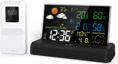 Zdjęcie produktu dla Stacja pogodowa Wewnętrzny/zewnętrzny monitor temperatury/wilgotności z czujnikiem Domowy termometr pogodowy Kolorowy wyświetlacz VA Budzik Prognoza pogody, czarny