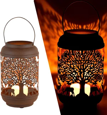 Produktbild von Marrakesch Deko Teelichthalter Nordwald Rost 27x16 cm | Windlicht mit Baum & Reh Motiv aus Metall | Vintage Kerzenhalter für Wohnzimmer & Balkon | Stimmungsvolle Herbst- & Weihnachtsdeko Handarbeit