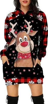 Produktbild von ASKSA Damen Rentier Print Kapuzenpullover Winter Langarm Hoodie Pullover Kleid Pulli Weihnachtskleid, C-Schwarz, 3XL
