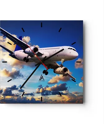 Produktbild von Wanduhr - Quadrat - Glasuhr - Flugzeug Flug Reise Fahrzeug - 30x30cm - Schleichendes Uhrwerk - Lautlos - zum Aufhängen bereit - Dekoration Modern - Wanddekoration aus Glas - C3AC30x30-2445