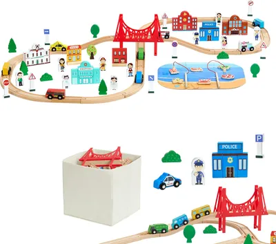 Immagine prodotto di SucceBuy Set trenino in legno 113 pezzi, trenino giocattolo con scatola portaoggetti, set trenino con paesaggio urbano, compatibile con marche famose, idea regalo per bambini dai 3 anni in su per Natale e compleanni