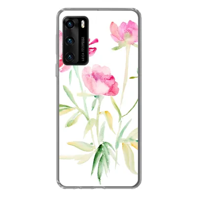 Produktbild von MuchoWow® Handyhülle Schutzhülle Hülle für Huawei P40 Blumen - Aquarell - Rosa Silikon Softcase Handy Hülle - Handytasche