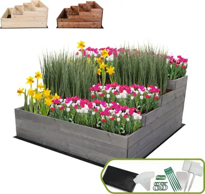 Produktbild von MODO24 Hochbeet Holz, Pflanzkasten, Massivholz, Kiefer, Kräuterbeet, Blumenkasten, Garten, Terrasse, 54x117x120 cm, Grau, ZP07