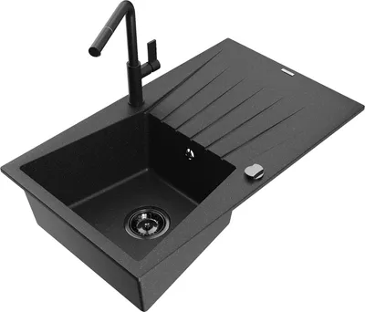 Produktbild von Mexen Cesar 1 Becken-Granitspüle mit Abtropffläche und Mischbatterie Flora, Schwarz/Silbermetallic - 6514-73-670401-70-B