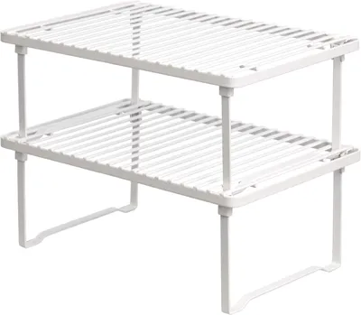 Image de Étagère de cuisine empilable - Lot de 2 - Métal - Blanc - Pour assiettes et tasses