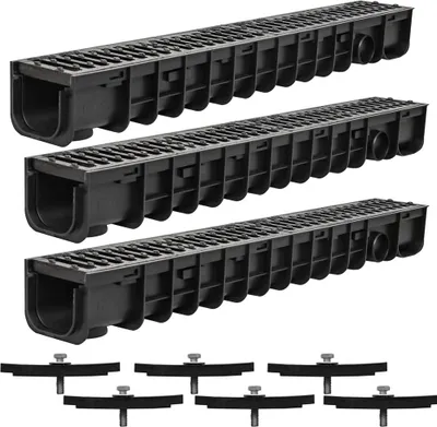 Three black drainage channels are arranged in a staggered formation against a white background. Below the channels, there are six black mounting brackets with silver screws.