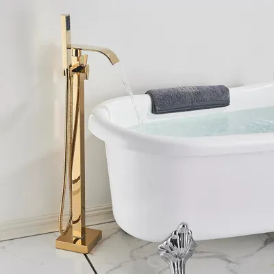 Imagen del producto de Grifo de ducha para bañera, de montaje en el suelo, con dos mandos, color dorado