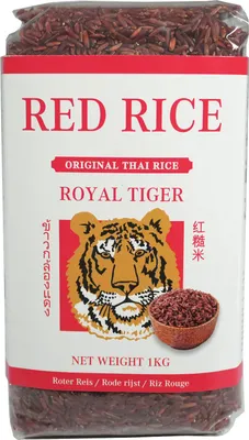 A bag of red rice with a tiger illustration on the packaging.