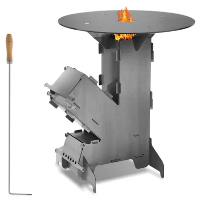 Produktbild von Eikuavons Raketenofen mit Grillplatte, Steckbarer Outdoor Grillofen aus Kohlenstoffstahl, Campingkocher mit Feuerhaken für Garten Camping Terrasse