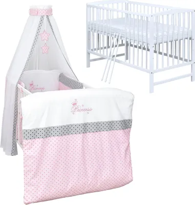Produktbild von Baby-Delux Babybett Kinderbett Gitterbett Milo Weiß 120x60 Komplett Bettset 10-tlg mit Stickerei Princess Stars