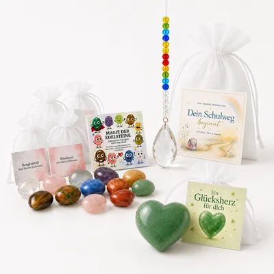 Produktbild von MilaBoo Schultüten-Füller zur Einschulung Set 2 – Naturstein Glücksstein mit Karte im Organzasäckchen – Kleine Aufmerksamkeit für Schulanfang & 1. Sch