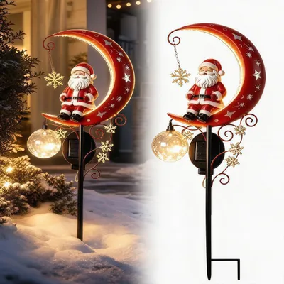 Produktbild von Weihnachts-Solar-Gartenstecker, Roter Mond & Metall-Weihnachtsmann, Erdspieß, wetterfest, automatische Nachtbeleuchtung, für Garten, Terrasse, Rasen