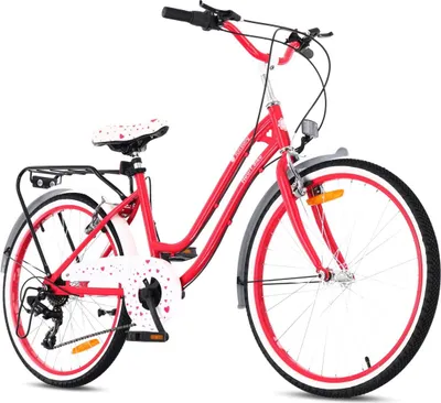 Zdjęcie produktu dla Rower dla dziewczynek SUN BABY Heart Bike 24 cale, rower dla dziewczynek od 8 lat, 7-biegowa przerzutka Shimano, hamulce typu V-brake, bagażnik, odblaski (kolor malinowy, 24 cale)