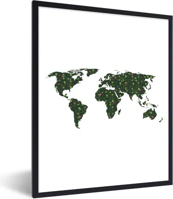 Produktbild von MuchoWow® Gerahmtes Poster Weltkarte - Pflanzen - Grün 60x80 cm - Poster mit Schwarzem Bilderrahmen Wandposter Rahmen Foto Bilder - Premium - Wanddeko Wohnzimmer