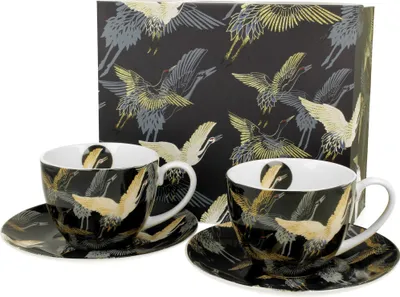 Produktbild von DUO ART GALLERY 2er-Set Tassen 280 ml CRANES AT NIGHT mit Untertassen, New Bone China Porzellan