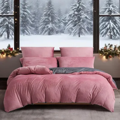 Immagine prodotto di Biancheria da letto invernale, 220x240 cm, rosa e grigio, set da 3 pezzi, in microfibra peluche con chiusura a zip