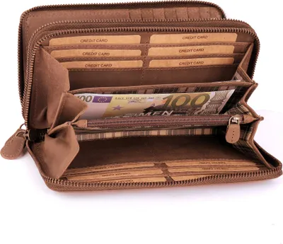 Produktbild von Benthill Damen Geldbörse Echt Leder XXL - Portemonnaie Groß mit RFID Schutz - Echtleder Vintage Damenbörse mit vielen Kartenfächer inkl. Geschenkbox