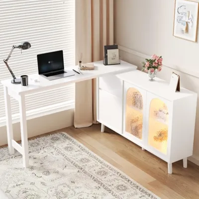 Produktbild von Schreibtisch mit LED - 2-in-1 Sideboard und Arbeitsplatte, Kommode 360° drehbar,Schreibtische, Eckschreibtische