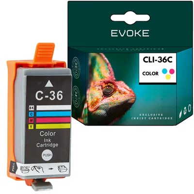 Image de Encres compatibles Evoke pour Canon CLI-36 CLI36 1511B001, couleurs CMJ (Cyan, Magenta, Jaune), capacité de 12,5 ml, rendement de 260 pages, compatibles avec les modèles PIXMA iP100, iP110, mini260, mini320, TR150