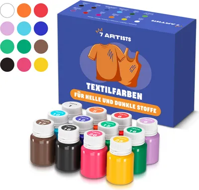 Produktbild von 7 Artists Textilfarbe Waschmaschinenfest - 12 Cat Stoffmalfarben Waschfest x 20 ml - Stoff Farbe für Kleidung, Schuhe, Jeans, Taschen, T Shirt Bemalen