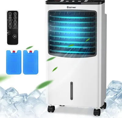 Produktbild von 3 in 1 Ventilator mit Fernbedienung & 2 Kühlakkus, 75W Standventilator mit 8 L Tank, Luftkühler mit 3 Geschwindigkeitsstufen, Timer 7,5 h, Luftreiniger auf Rollen