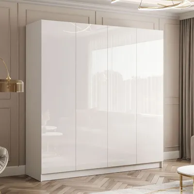 A large, modern, white, high-gloss wardrobe with six doors is shown in a well-lit room with elegant wall paneling and a herringbone patterned floor.
