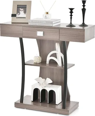 Image de COSTWAY Table console avec tiroirs & cadre métallique & 2 étagères, table de couloir industrielle en bois avec protection anti-basculement, table d'appoint pour entrée, salon (Gris)