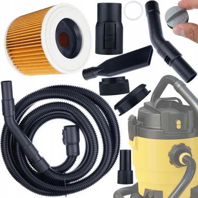 A collection of vacuum cleaner accessories, including a filter, hose, and various attachments, laid out on a white background.