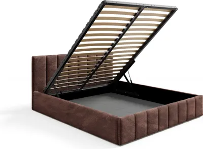Image de GUTTO lit capitonné marron 160x200 grille à lattes en métal marron foncé Boucle avec coffre de lit et espace de rangement